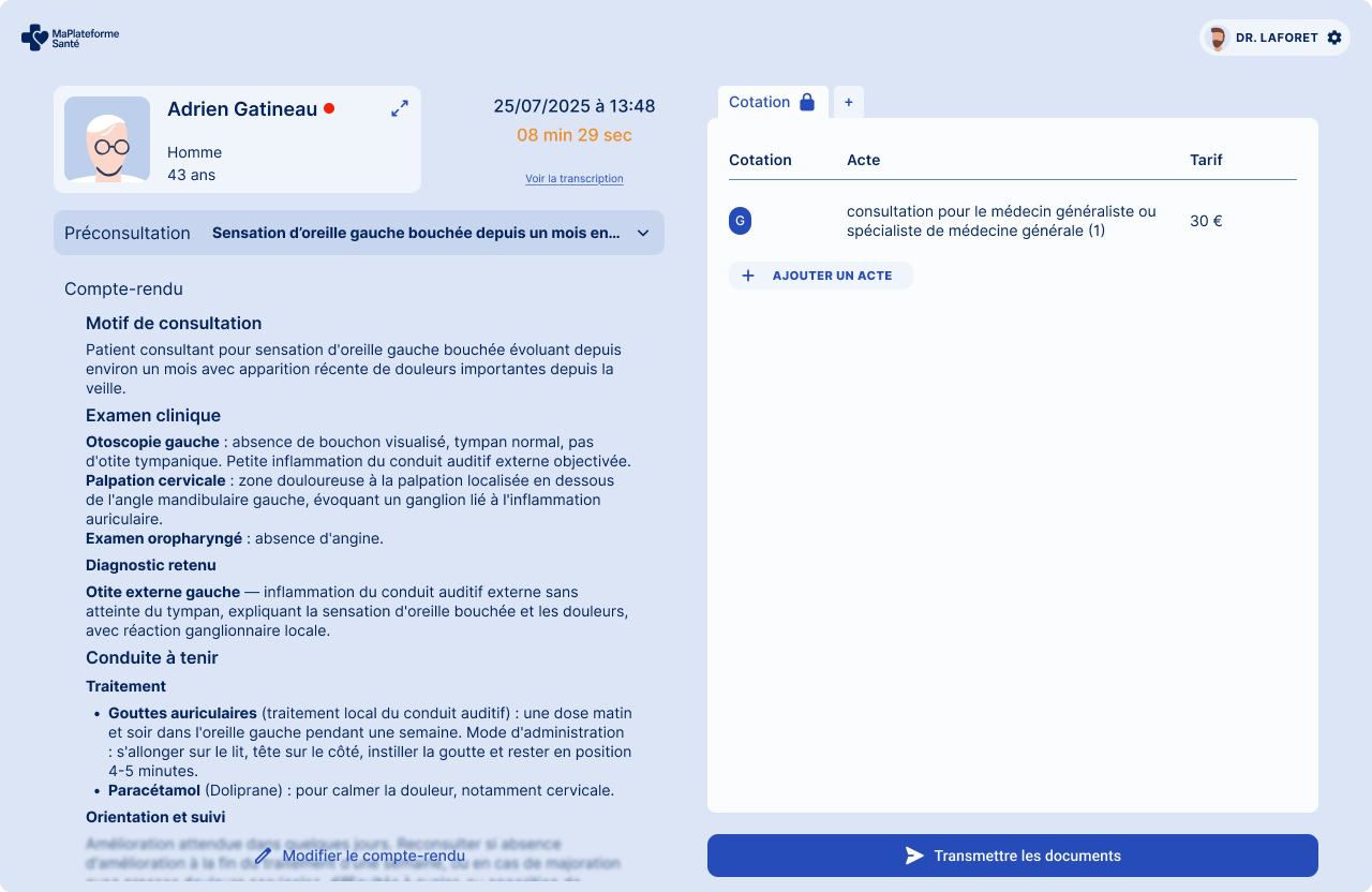 Interface médecin Ma Plateforme Santé | compte-rendu automatisé et cotation